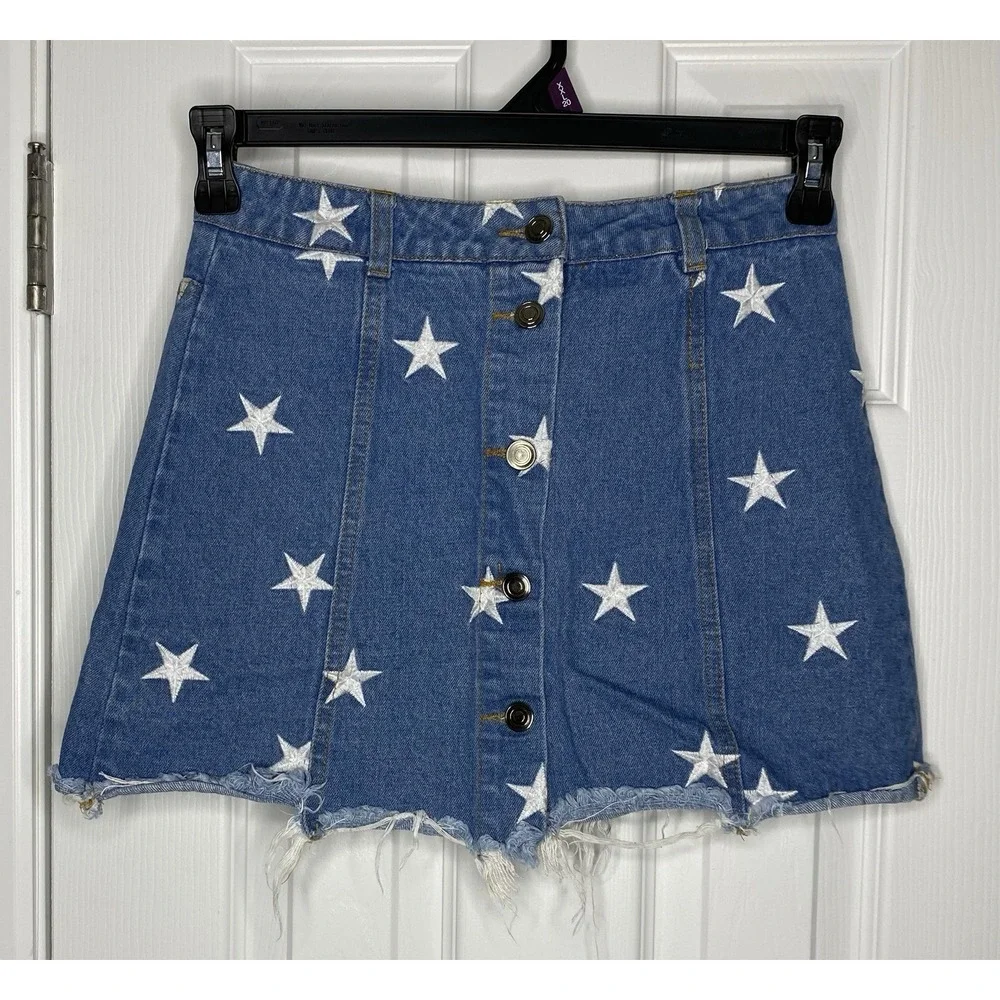 Sans Souci Women's A Line Denim Star‎ Pattern Skirt Blue Size Small